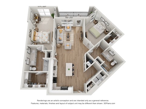 Floor plan for 2 beds, 2 baths, 1364 sqft